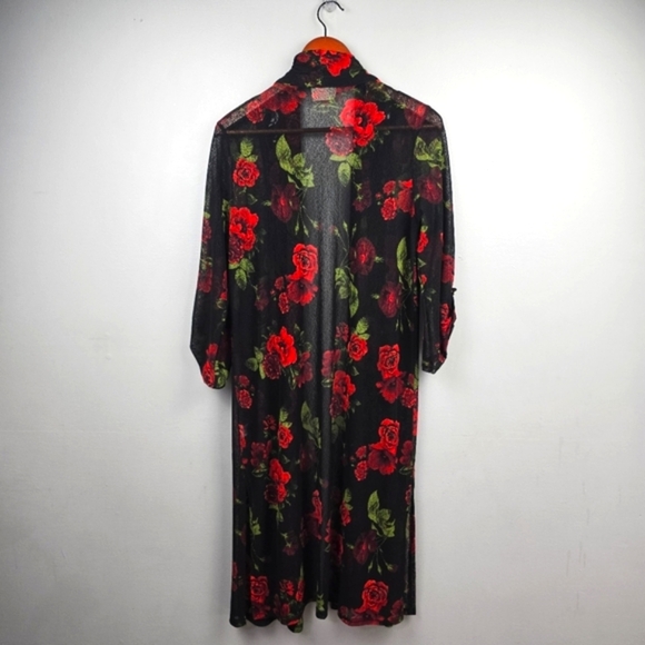 EMBER Mid Length Sheer Duster Kimono 3/4 Sleeves Floral Red Black Womens Size M - Picture 6 of 14